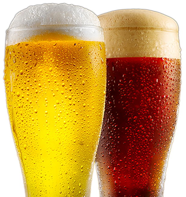 Two tall beers with frothy heads and condensation at Fifth Avenue Taphouse New Brighton.