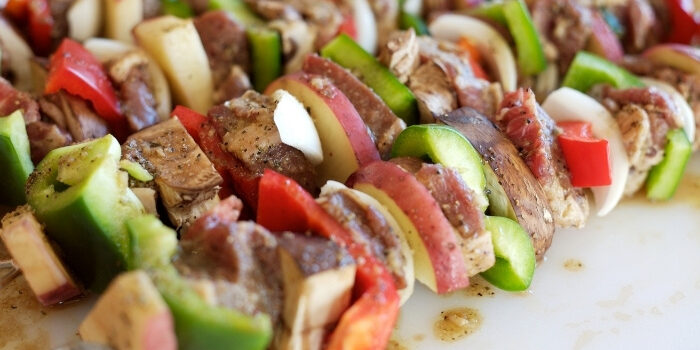 Close-up of skewers with beef and veggies at Fifth Avenue Taphouse New Brighton.